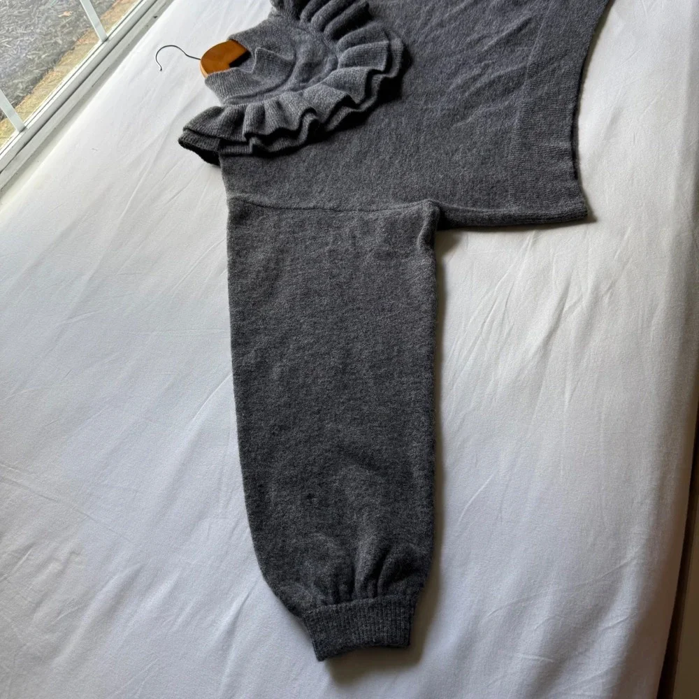 Free People Gray Wool Alpaca Blend Ruffle Mock Neck Balloon Sleeve Sweater S